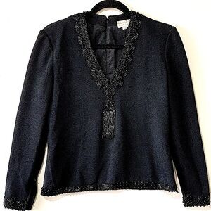 Victoria Royal Ltd Vintage Black Beaded Tassel Wool Sweater 70s Hong Kong Size 6